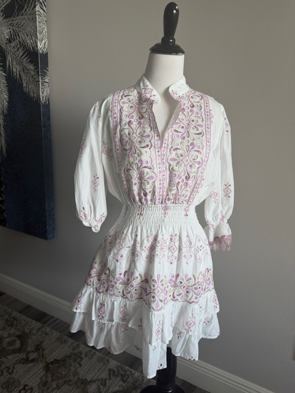 Temptations Italy White Dress with Lilac and Gold Embroidery